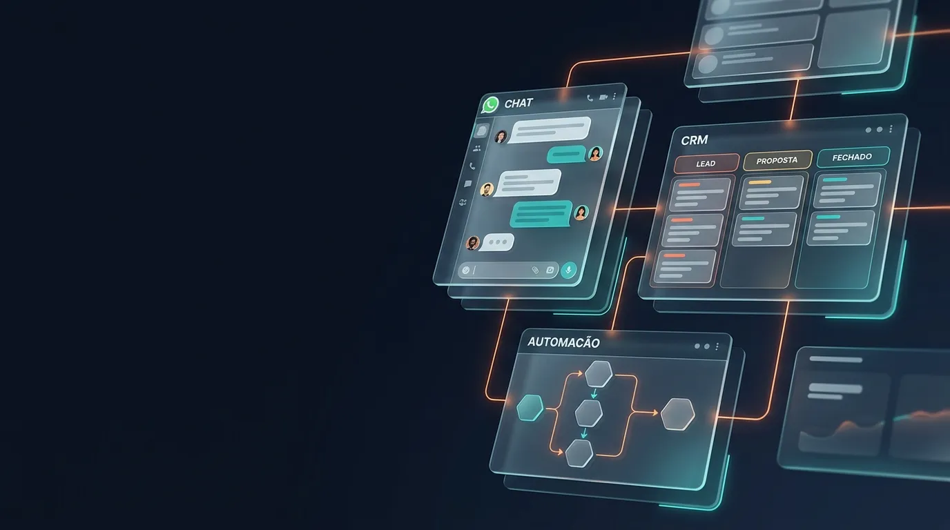 Painéis de interface flutuantes em português — Chat, CRM e Automação — conectados por linhas de luz âmbar