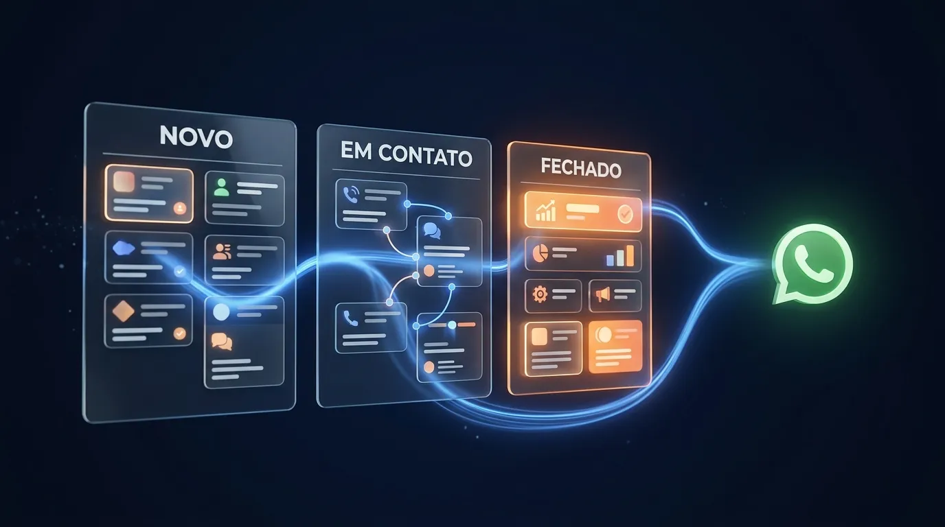 Funil de vendas em kanban com colunas Novo, Em Contato e Fechado, conectado por linhas de luz azul a um ícone de WhatsApp