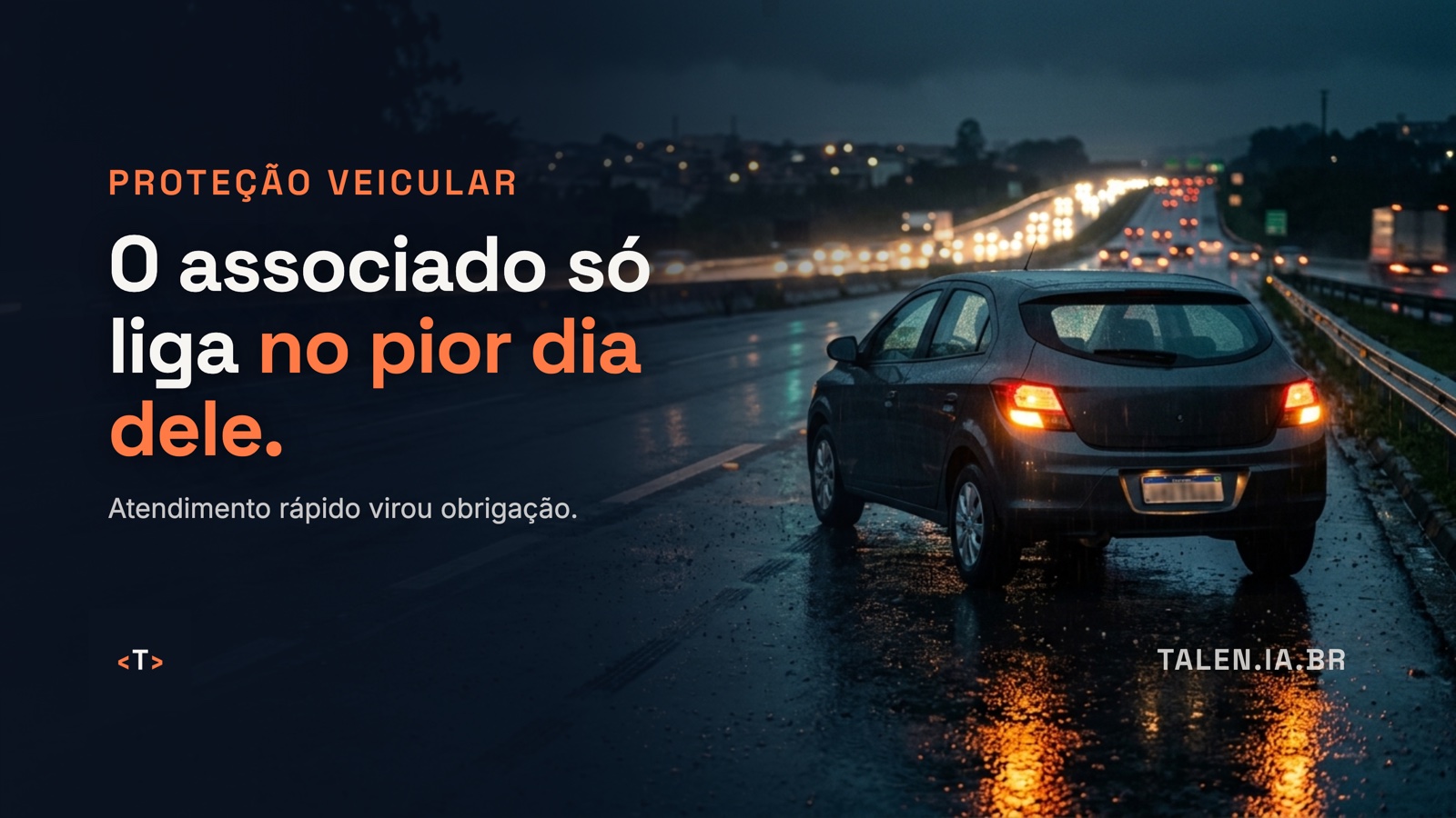 Celular com três alertas de emergência (colisão, pane elétrica e roubo) ao lado da frase: o associado só liga no pior dia dele.