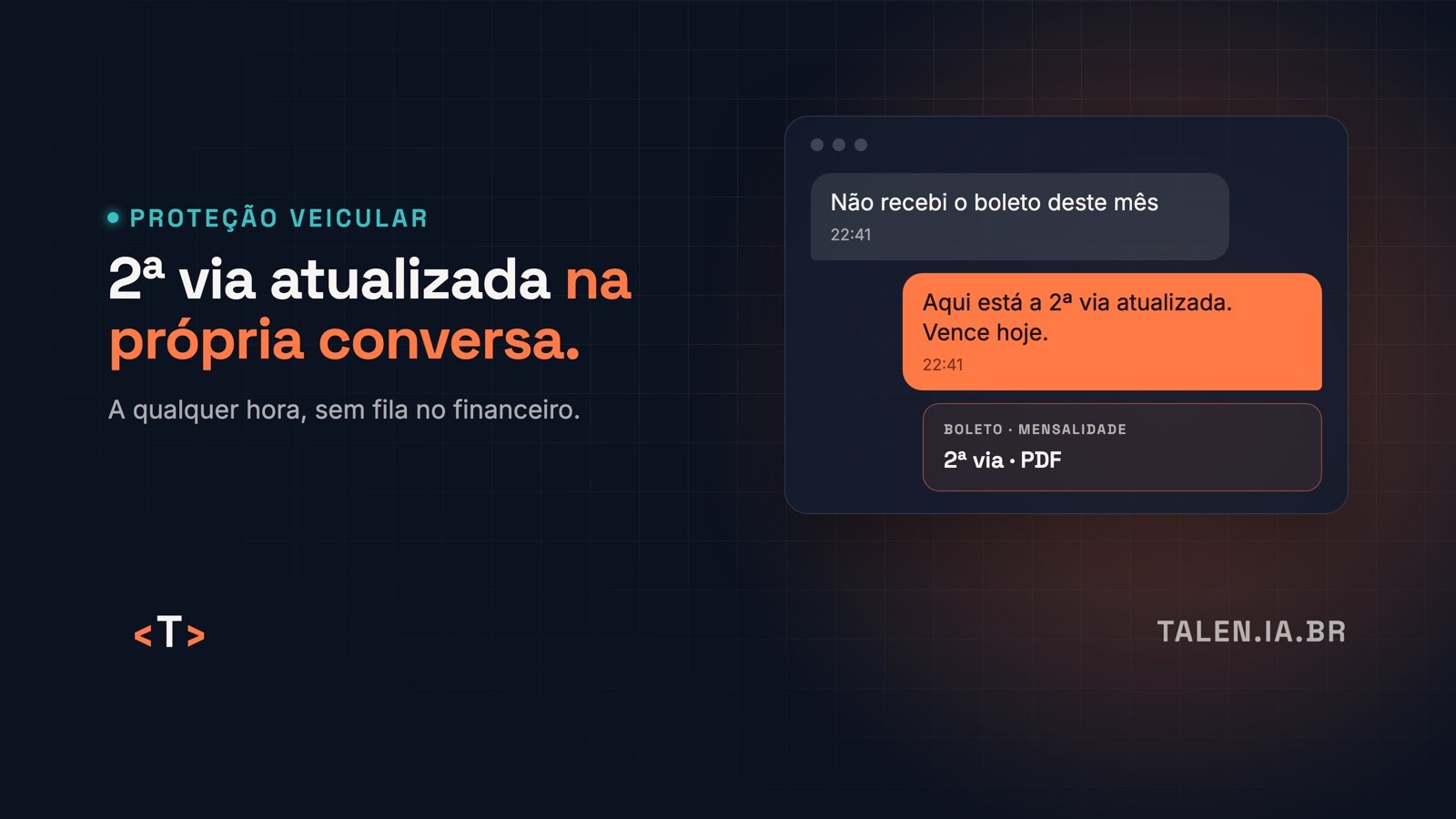 2ª via atualizada na própria conversa Conversa no WhatsApp: o associado diz que não recebeu o boleto e o agente envia a 2ª via atualizada.
