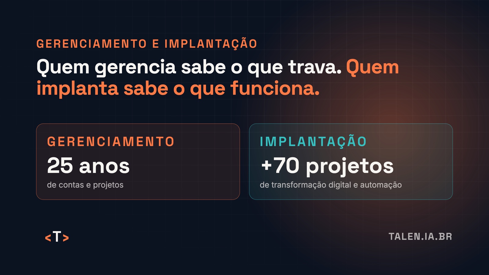 Gerenciamento e implantação: os dois lados da experiência Dois eixos lado a lado: gerenciamento, com mais de 25 anos de contas e projetos, e implantação, com mais de 70 projetos implantados.