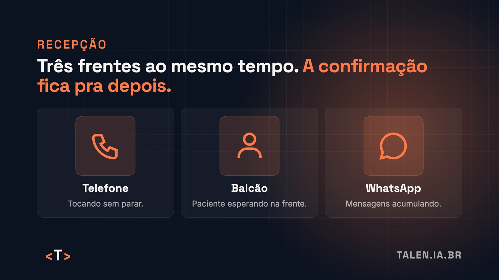 A recepção atende três frentes ao mesmo tempo Recepção dividida em três frentes ao mesmo tempo: telefone, balcão e WhatsApp.
