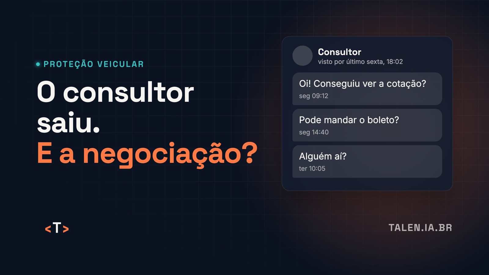 Contato do consultor visto por último na sexta, com mensagens de interessados sem resposta. Frase: o consultor saiu, e a negociação?